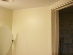 Picture of a bathroom wall with a mirror to the right.