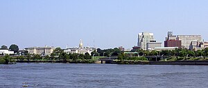 Downtown Trenton, and the mouth of Assunpink Creek, as viewed from across the Delaware River in Morrisville, Pennsylvania in 2009.
