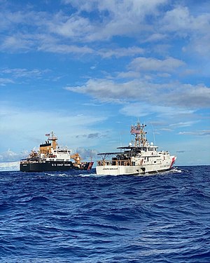 The crews of the Coast Guard Cutters Juniper and Joseph Gerczak return to Honolulu after completing a 42-day patrol in Oceania in support of Operation Aiga, March 7. U.S. COAST GUARD.jpg